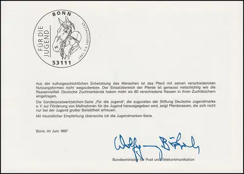 Ministerkarte MiKa A6 Jugend Pferderassen 1920-1924 ESSt BONN 9.6.1997
