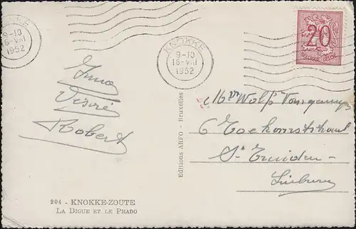 Belgique Carte de vue Knokke-Zoute: Plage Passage de Prado, KNOKKE 16.8.1952