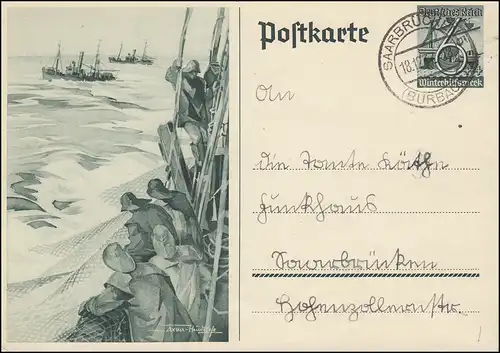P 266 Sonderpostkarte WHW / Hochseefischer SAARBRÜCKEN (BURBACH) 18.12.1937
