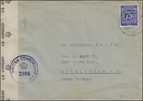 Zensur Military Censorship 2306 Auslandsbrief EF 934 NEUENRADE 1947 nach England