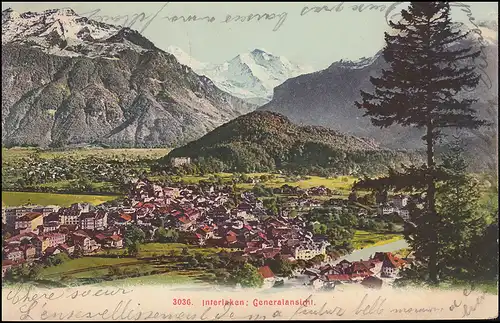 Carte de vue Suisse Interlaken Vue générale, YVERDON 25.12.1905 n. Lausanne