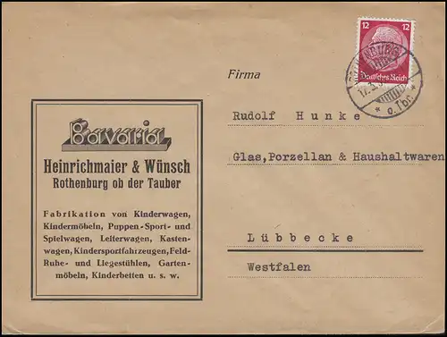 519 Hindenburg 12 Pf EF Bf Kinderwagen / Kinderbetten ROTHENBURG o. Tbr. 17.3.36