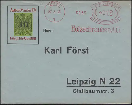 Absenderfreistempel Holzschrauben AG Brief NEUSS 27.3.33 nach Leipzig