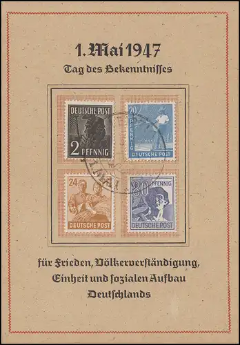 Sonderkarte 1. Mai 1947 Tag des Bekenntnisses 943ff 4 Werte SSt LEIPZIG 1.5.47