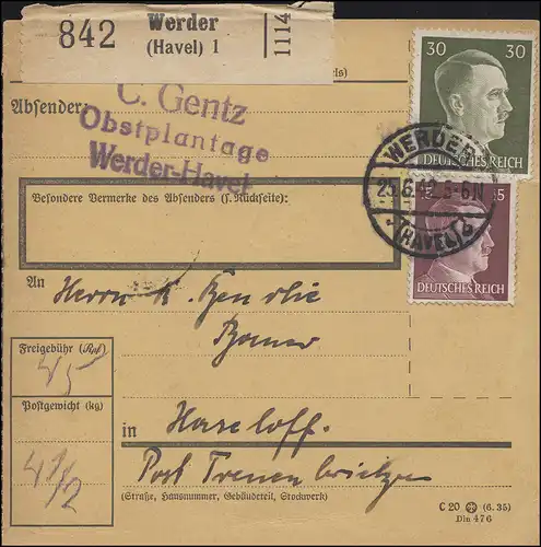 789+794 Freimarken-MiF auf Paketkarte Obstplantage Gentz WERDER-HAVEL 52.6.1942