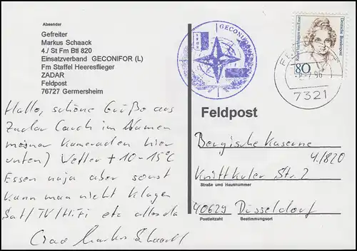 Feldpost GECONIFOR Ansichtskarte 1. Kontigent 1995-1996, FELDPOST 7321 - 8.2.96