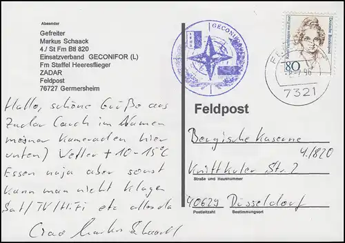 Poste de terrain GECONIFOR Carte de vue 1. Content 1995-1996, FELDPOST 7321 - 8.2.96