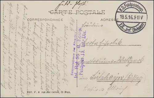 Feldpost Inf.-Reg. 55 sur AK Büssel Hotel de Ville, FELDPOST 13.Inf.Div. 19.5.16
