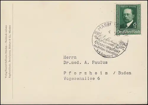 760 Behring 6 Pf auf AK mit Portrait SSt MARBURG Uni-Erinnerungsfeier 4.12.1940