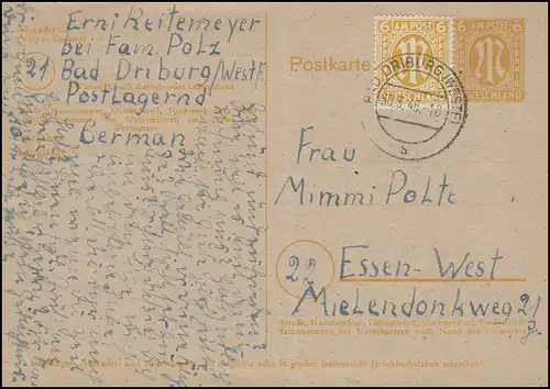Carte postale P 905 avec armoire supplémentaire BAD DRIBURG (WESTF) 30.3.46 après repas