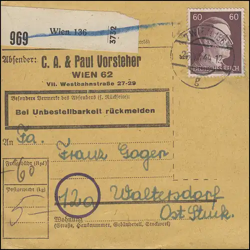 797 Freitmarke 60 Pf. EF Carte de paquet VIENNE 136 - 26.8.44 vers Waltersdorf/Steierm.