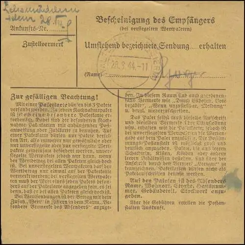 797 Freitmarke 60 Pf. EF Carte de paquet VIENNE 136 - 26.8.44 vers Waltersdorf/Steierm.