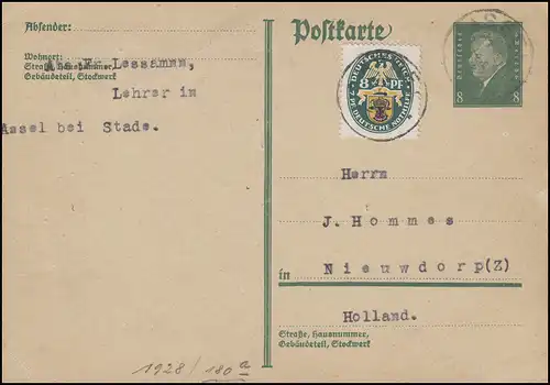 Postkarte P 180I Ebert 8 Pf. mit 428 Wappen 8 Pf. ASSEL Juli 1929 nach Holland