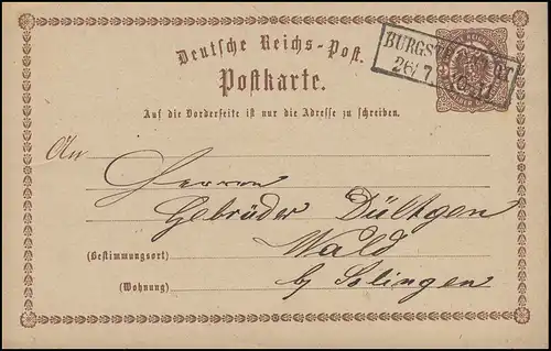 Carte postale P 1 Adler 1/2 gr. Tampon cadre BURGSTEINFURT 26.7. n. Forêt / Solingen