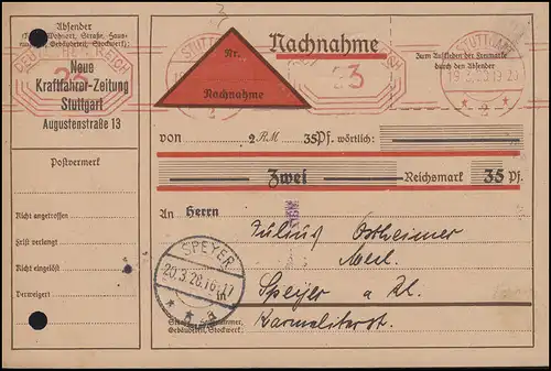 Tampon sans expéditeur Journaux de chauffeurs de voiture Carte NN Stuttgart 19.3.28 selon Speyer