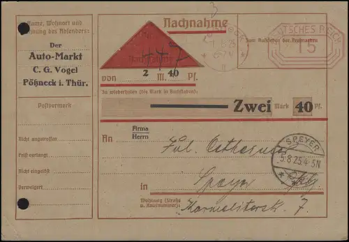 Absenderfreistempel Verlag Der Auto-Markt auf NN-Karte Pößneck 1.8.25 n. Speyer