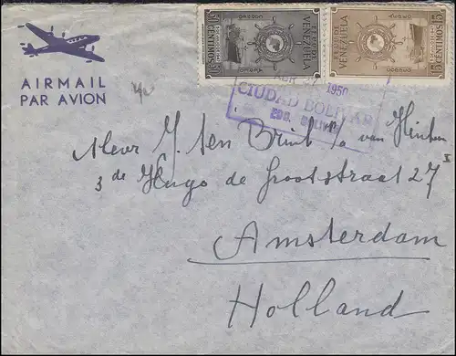 Venezuela Frachter 15+50 C auf Brief CIUDAD BOLIVAR 27.3.1950 nach Amsterdam/NL