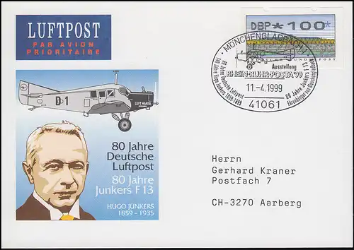 Deutsche Luftpost Hugo Junkers Ju F 13, ATM-EF PK SSt Mönchengladbach 11.4.1999