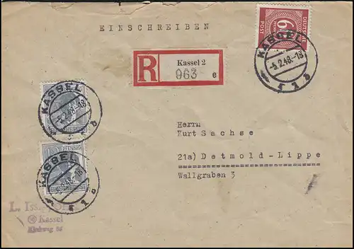 920+933 Ziffern-MiF 2x 12 + 60 Pf. auf R-Brief von KASSEL 5.2.48 nach Detmold