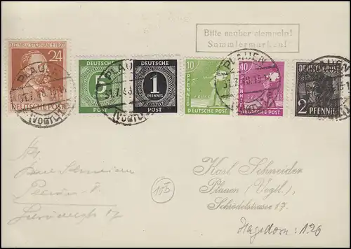 911ff Gemeinschaft-MiF auf Postkarte vom Letztag der Gültigkeit PLAUEN 31.7.48