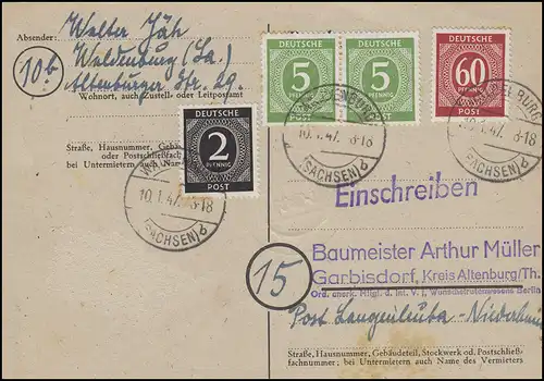 912+915+933 Ziffern auf Postkarte WALDENBURG/SACHSEN 10.1.47 nach Garbisdorf