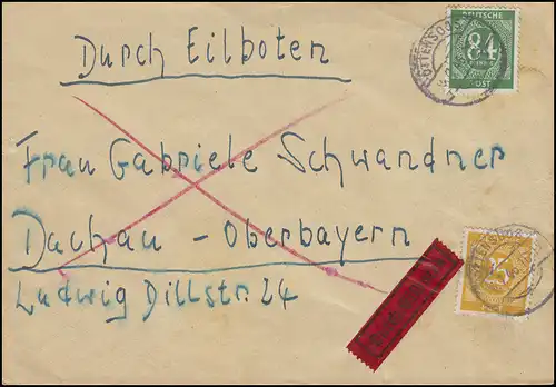 926+936 Ziffern 25+84 Pf. MiF Eil-Brief OTTENSOOS 6.7.46 nach Dachau