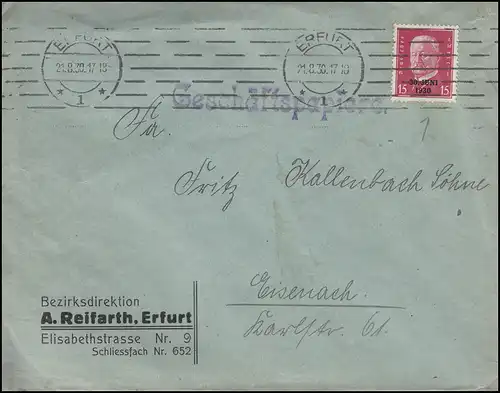 445 Abzug aus dem Rheinland 15 Pf. EF Brief ERFURT 21.8.30 nach Eisenach