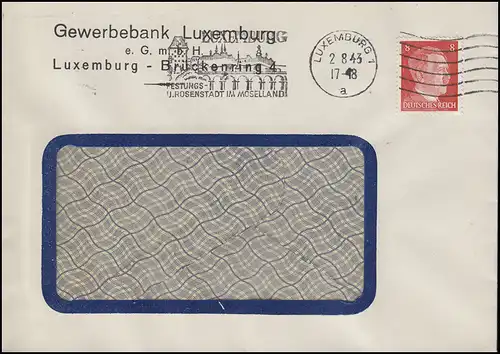 Freimarke Hitler 8 Pf. als EF auf Fensterbrief Gewerbebank LUXEMBURG 2.8.43