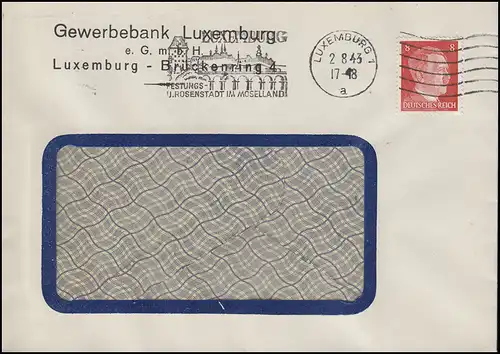 Hitler 8 Pf. en tant qu'EF sur Fenêtres Bank de LUXEMBOURG 2.8.43