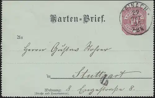 Privater Kartenbrief PK 2 Ziffer 10 Pf STEINACH 29.10.1895 nach STUTTGART 31.10.