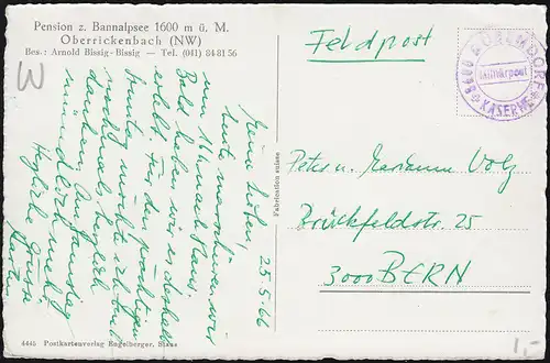 Suisse Feldpost Militaire Post DÜBENDORF KASERNE sur AK Oberrickenbach, 25.5.66