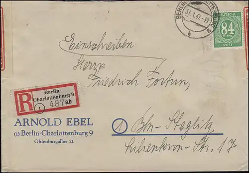 936 Ziffer 84 Pf. als EF auf Orts-R-Brief BERLIN-CHARLOTTENBURG 9 - 31.1.1947