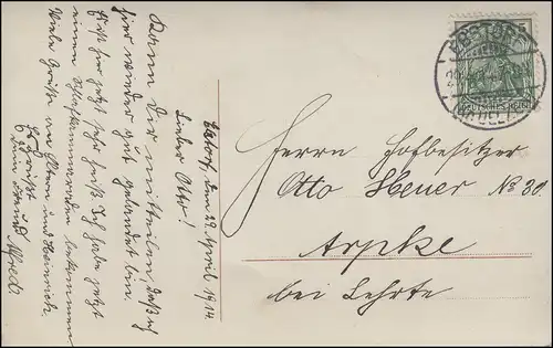 Germania 5 Pf. EF auf Ansichtskarte Selige Stunden, EBSTORF (Kr. UELZEN) 29.4.14