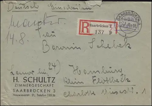 Gebühr-bezahlt-Stempel R-Brief SAARBRÜCKEN 3 - 2.8.46 nach HAMBURG-GROSSFLOTTBEK