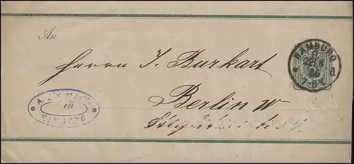Bande passante S 7A chiffre 3 PFENNIG bleu-vert, HAMBURG 22.8.1886 vers Berlin