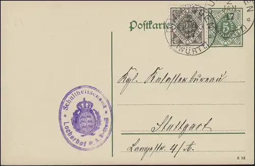 Dienstpostkarte P 12/06 Ziffer 5 Pf. DV 5 13, DUNNINGEN 2.1.1917 nach Stuttgart