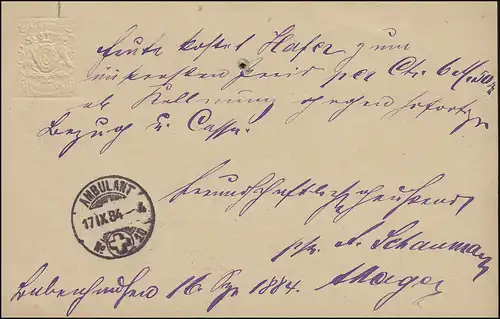 Carte postale P 12I Armoiries 10 Pf kaminrot BABENHAUSEN 16.9.1884 vers Grüsch/Suisse