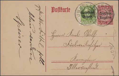 Postkarte P 109/01 Wappen 10 Pf kamin DV 19 mit Zusatzfr., IMMENSTADT 23.10.1919