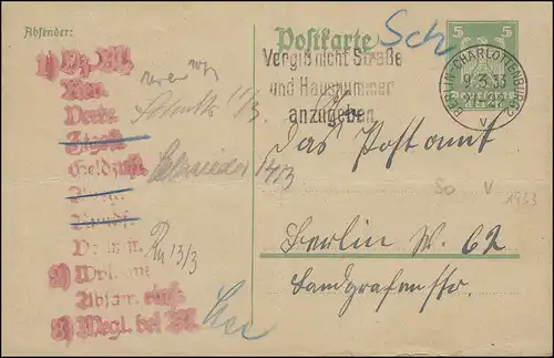 Postkarte P 156I Adler 5 Pf. grün, Ortspostkarte BERLIN-CHARLOTTENBURG 9.3.1933