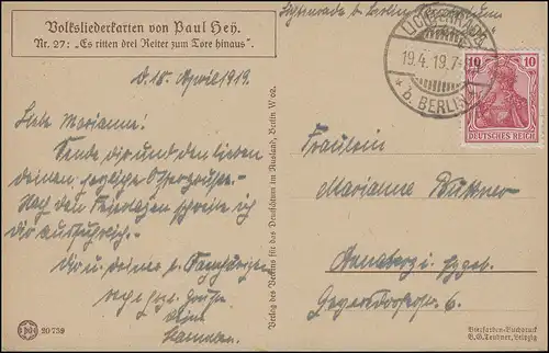 Volksliederkarte Es ritten drei Reiter zum Tore hinaus, LICHTENRADE 19.4.1919