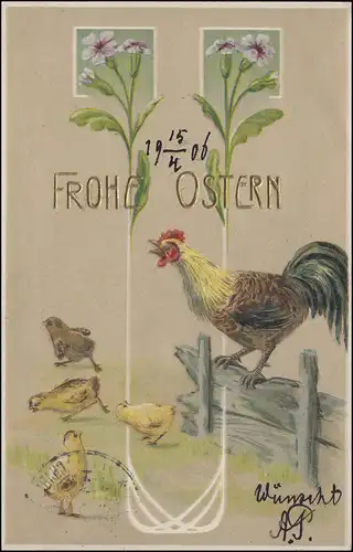 Carte de félicitations Pâques avec poussin avec coq, CharlottenBURG 14.4.1906