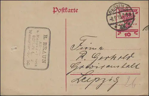 Carte postale P 115 Assemblée nationale BERLIN S 42 - 8.9.1919 à Leipzig