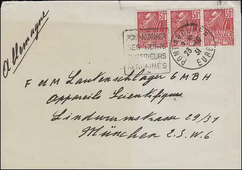 Frankreich 259 Kolonialausstellung MeF Briefvorderseite PONT-AUDEMER 23.10.1931
