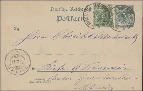 Postkarte P 30I Ziffer 5 Pf. DV 193f mit Zusatzfr. RHEINE 11.2.1894 nach TRIMMIS