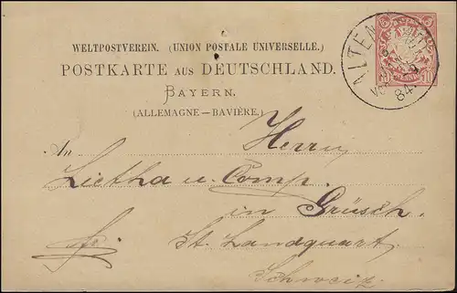 Carte postale P 12I Armoiries 10 Pf kaminrot ALTENSTADT 9.1.1884 vers Grüsch / Suisse
