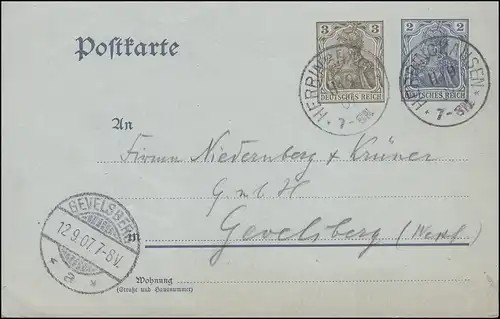 Carte postale P 70X Germania 3+2 Pf avec Wz. HERINGHAUSEN 11.9.1907 vers GEVELSBERG