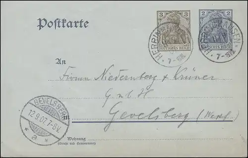 Postkarte P 70X Germania 3+2 Pf mit Wz. HERRINGHAUSEN 11.9.1907 nach GEVELSBERG 