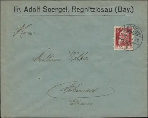 78II Luitpold 10 Pf. Type II en tant qu'EF Bf REGNITZLOSAU 11.10.1913 n. Colmar/Kolmar
