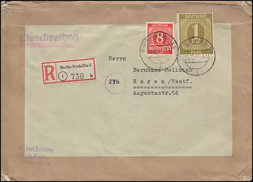 917+937 Ziffern 8 Pf + 1 Mark portogerechter R-Brief BERLIN-NEUKÖLLN 19.12.1947