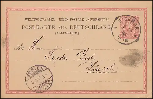 Carte postale P 8I 10 PFENNIG, cachet en cercle SIEGMAR 3.12.1885 selon ZÜRICH 5.12.85
